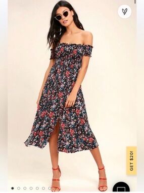 Lulus size small Floral Smocked Midi Dress - Red, Blue, Black, White, and Green